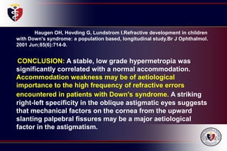 Haugen OH, Hovding G, Lundstrom I.Refractive development in children
with Down's syndrome: a population based, longitudinal study.Br J Ophthalmol.
2001 Jun;85(6):714-9.
CONCLUSION: A stable, low grade hypermetropia was
significantly correlated with a normal accommodation.
Accommodation weakness may be of aetiological
importance to the high frequency of refractive errors
encountered in patients with Down's syndrome. A striking
right-left specificity in the oblique astigmatic eyes suggests
that mechanical factors on the cornea from the upward
slanting palpebral fissures may be a major aetiological
factor in the astigmatism.
 