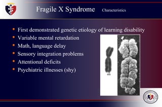 Fragile X Syndrome Characteristics
• First demonstrated genetic etiology of learning disability
• Variable mental retardation
• Math, language delay
• Sensory integration problems
• Attentional deficits
• Psychiatric illnesses (shy)
 