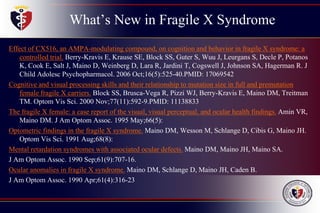 What’s New in Fragile X Syndrome
Effect of CX516, an AMPA-modulating compound, on cognition and behavior in fragile X syndrome: a
controlled trial. Berry-Kravis E, Krause SE, Block SS, Guter S, Wuu J, Leurgans S, Decle P, Potanos
K, Cook E, Salt J, Maino D, Weinberg D, Lara R, Jardini T, Cogswell J, Johnson SA, Hagerman R. J
Child Adolesc Psychopharmacol. 2006 Oct;16(5):525-40.PMID: 17069542
Cognitive and visual processing skills and their relationship to mutation size in full and premutation
female fragile X carriers. Block SS, Brusca-Vega R, Pizzi WJ, Berry-Kravis E, Maino DM, Treitman
TM. Optom Vis Sci. 2000 Nov;77(11):592-9.PMID: 11138833
The fragile X female: a case report of the visual, visual perceptual, and ocular health findings. Amin VR,
Maino DM. J Am Optom Assoc. 1995 May;66(5):
Optometric findings in the fragile X syndrome. Maino DM, Wesson M, Schlange D, Cibis G, Maino JH.
Optom Vis Sci. 1991 Aug;68(8):
Mental retardation syndromes with associated ocular defects. Maino DM, Maino JH, Maino SA.
J Am Optom Assoc. 1990 Sep;61(9):707-16.
Ocular anomalies in fragile X syndrome. Maino DM, Schlange D, Maino JH, Caden B.
J Am Optom Assoc. 1990 Apr;61(4):316-23
 