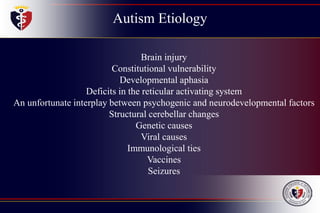 Autism Etiology
Brain injury
Constitutional vulnerability
Developmental aphasia
Deficits in the reticular activating system
An unfortunate interplay between psychogenic and neurodevelopmental factors
Structural cerebellar changes
Genetic causes
Viral causes
Immunological ties
Vaccines
Seizures
 