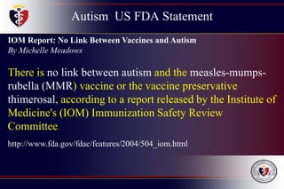 Autism US FDA Statement
Childhood
Disintegrative
Disorder
IOM Report: No Link Between Vaccines and Autism
By Michelle Meadows
There is no link between autism and the measles-mumps-
rubella (MMR) vaccine or the vaccine preservative
thimerosal, according to a report released by the Institute of
Medicine's (IOM) Immunization Safety Review
Committee.
http://www.fda.gov/fdac/features/2004/504_iom.html
 