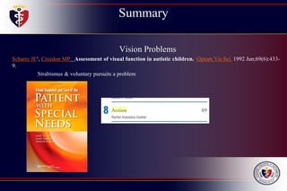 Summary
Vision Problems
Scharre JE1, Creedon MP Assessment of visual function in autistic children. Optom Vis Sci. 1992 Jun;69(6):433-
9.
Strabismus & voluntary pursuits a problem
 