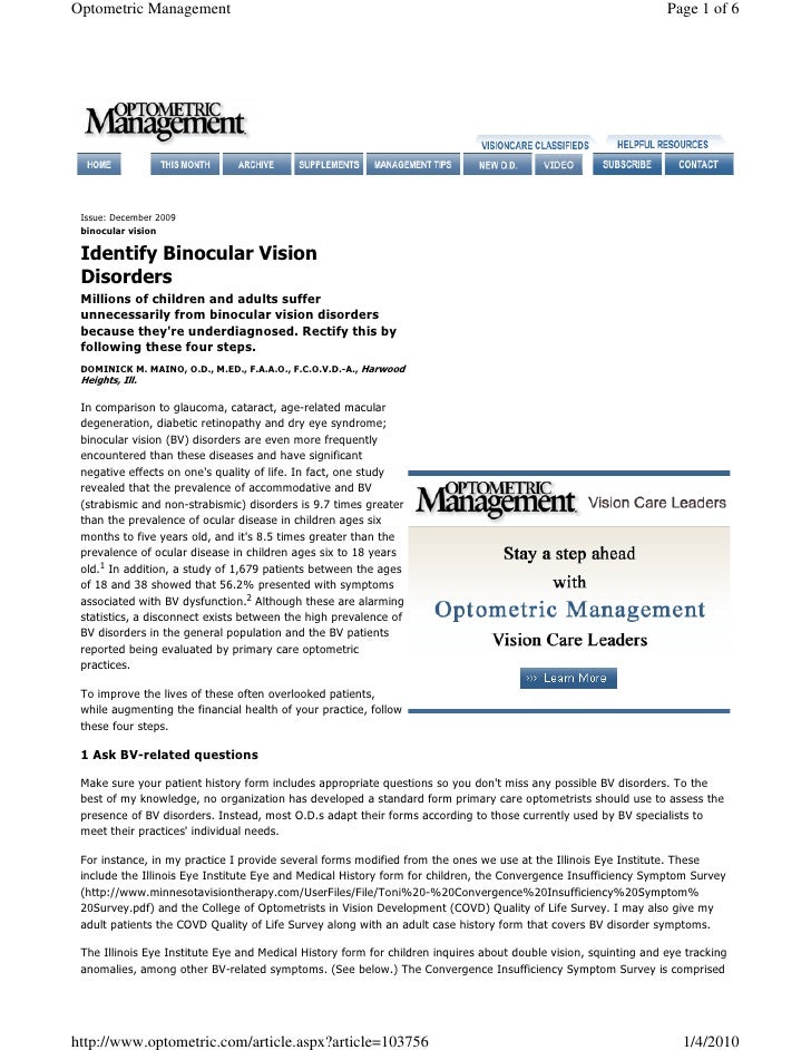 Identify Binocular Vision Disorders