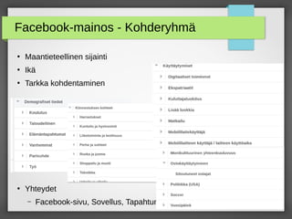 Facebook-mainos - Kohderyhmä
●
Maantieteellinen sijainti
●
Ikä
●
Tarkka kohdentaminen
●
Yhteydet
– Facebook-sivu, Sovellus, Tapahtuma
 
