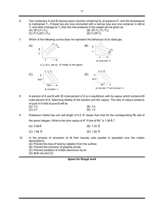 11
6. Two containers A and B (having same volume) containing N2 at pressure P1 and the temperature
is maintained T1, if these two are now connected with a narrow tube and one container is still at
T1 and other changes to T2 then the new pressure in the vessel can be given as
(A) 2P1/(T1+T2) (B) 2P1T2/ (T1+T2)
(C) P1T2/2(T1+T2) (D) T1/2P1T2
7. Which of the following curves does not represent the behaviour of an ideal gas
(A)
V
T
n3 n2
n1
gasestheofmolesof.noaren&n,n 321
(B)
Vttanconsat
3P
2P
1P
n
T
(C)
1T 2T 3T
Vlog
Plog
nttanconsat
(D)
1P 2P 3P
Tlog
Vlog
nttanconsandPttanconsat
8. A solution of A and B with 30 mole percent of A is in equilibrium with its vapour which contains 60
mole percent of A. Assuming ideality of the solution and the vapour. The ratio of vapour pressure
of pure A to that of pure B will be
(A) 7:2 (B) 7:4
(C) 4:7 (D) 1:2
9. Potassium halide has unit cell length of 0.5

A lesser than that for the corresponding Rb salt of
the same halogen. What is the ionic radius of K
+
if that of Rb
+
is 1.58

A ?
(A) 2.08

A (B) 1.33

A
(C) 1.08

A (D) 1.28

A
10. In the process of extraction of Al from bauxite coke powder is spreaded over the molten
electrolyte to:
(A) Prevent the loss of heat by radiation from the surface
(B) Prevent the corrosion of graphite anode
(C) Prevent oxidation of molten aluminium by air
(D) Both (A) and (C)
Space for Rough work
 