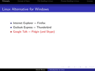 Philosophy Concept of Users File Handling in Linux Process Handling in Linux Licenses
Linux Alternative for Windows
Internet Explorer = Firefox
Outlook Express = Thunderbird
Google Talk = Pidgin (and Skype)
Ashish Bhatia Introduction to Linux
 
