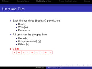 Philosophy Concept of Users File Handling in Linux Process Handling in Linux Licenses
Users and Files
Each ﬁle has three (boolean) permissions
Read(r)
Write(w)
Execute(x)
All users can be grouped into
Owner(u)
Group (members) (g)
Others (o)
9 bits
r w x r w x r w x
Ashish Bhatia Introduction to Linux
 