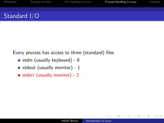 Philosophy Concept of Users File Handling in Linux Process Handling in Linux Licenses
Standard I/O
Every process has access to three (standard) ﬁles
stdin (usually keyboard) - 0
stdout (usually monitor) - 1
stderr (usually monitor) - 2
Ashish Bhatia Introduction to Linux
 