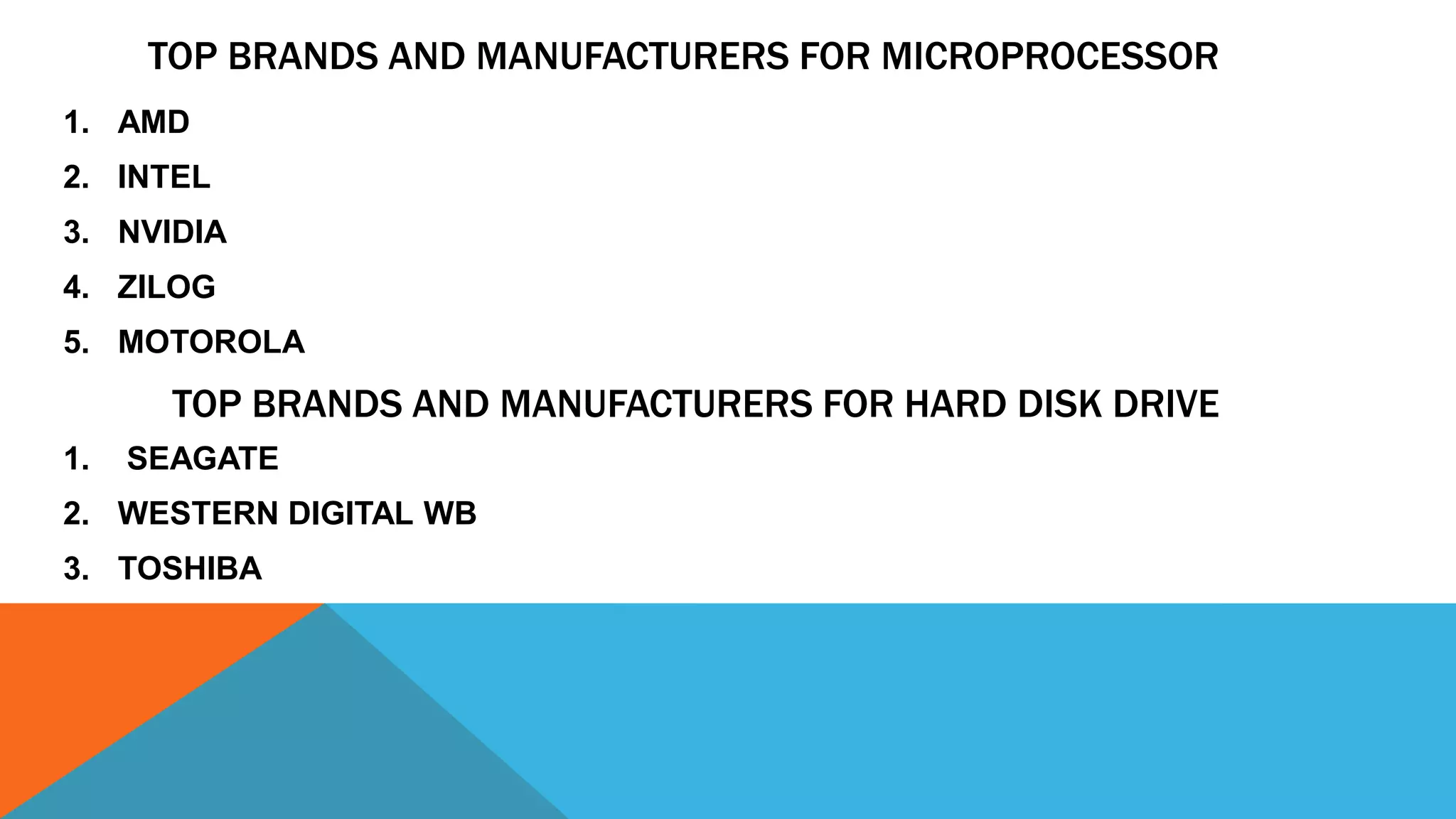 TOP BRANDS AND MANUFACTURERS FOR MICROPROCESSOR
1. AMD
2. INTEL
3. NVIDIA
4. ZILOG
5. MOTOROLA
TOP BRANDS AND MANUFACTURERS FOR HARD DISK DRIVE
1. SEAGATE
2. WESTERN DIGITAL WB
3. TOSHIBA
 