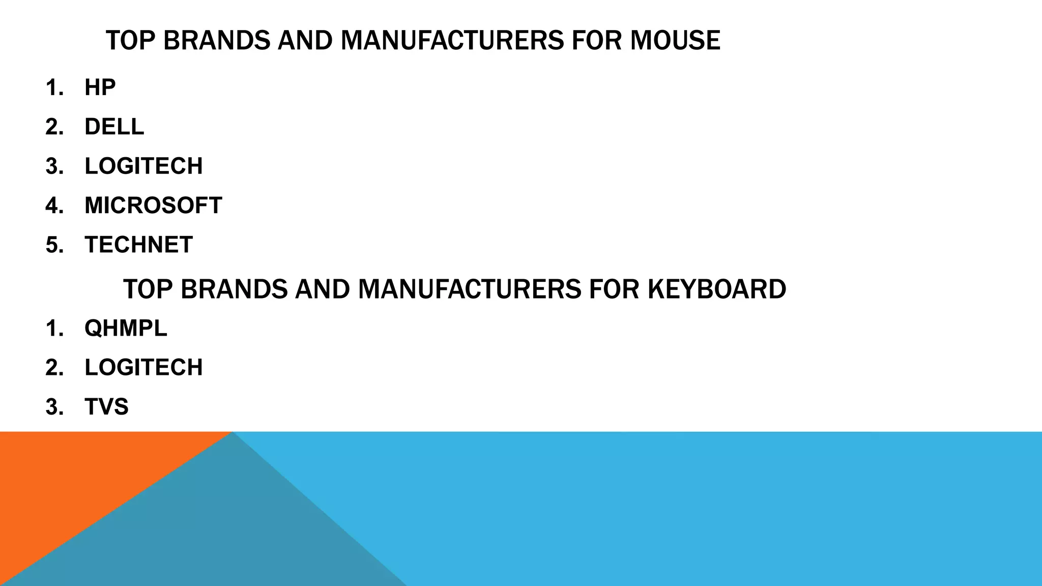 TOP BRANDS AND MANUFACTURERS FOR MOUSE
1. HP
2. DELL
3. LOGITECH
4. MICROSOFT
5. TECHNET
TOP BRANDS AND MANUFACTURERS FOR KEYBOARD
1. QHMPL
2. LOGITECH
3. TVS
 
