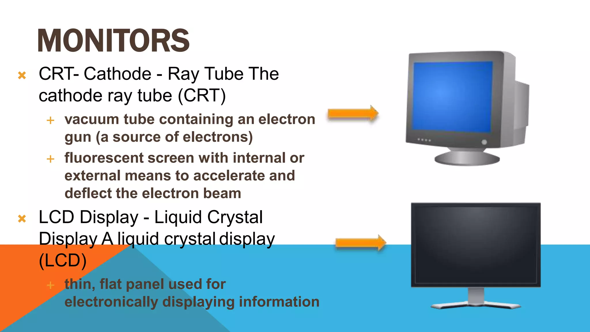 MONITORS
 CRT- Cathode - Ray Tube The
cathode ray tube (CRT)
 vacuum tube containing an electron
gun (a source of electrons)
 fluorescent screen with internal or
external means to accelerate and
deflect the electron beam
 LCD Display - Liquid Crystal
Display A liquid crystal display
(LCD)
 thin, flat panel used for
electronically displaying information
 