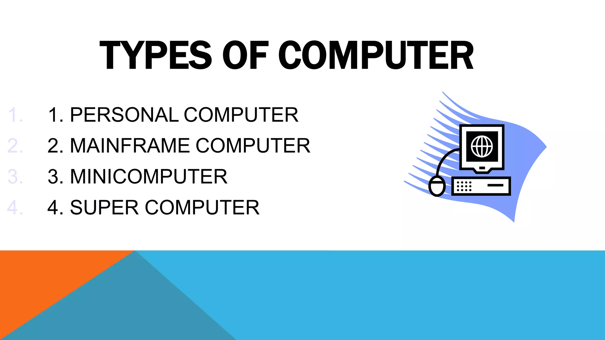 TYPES OF COMPUTER
1. 1. PERSONAL COMPUTER
2. 2. MAINFRAME COMPUTER
3. 3. MINICOMPUTER
4. 4. SUPER COMPUTER
 