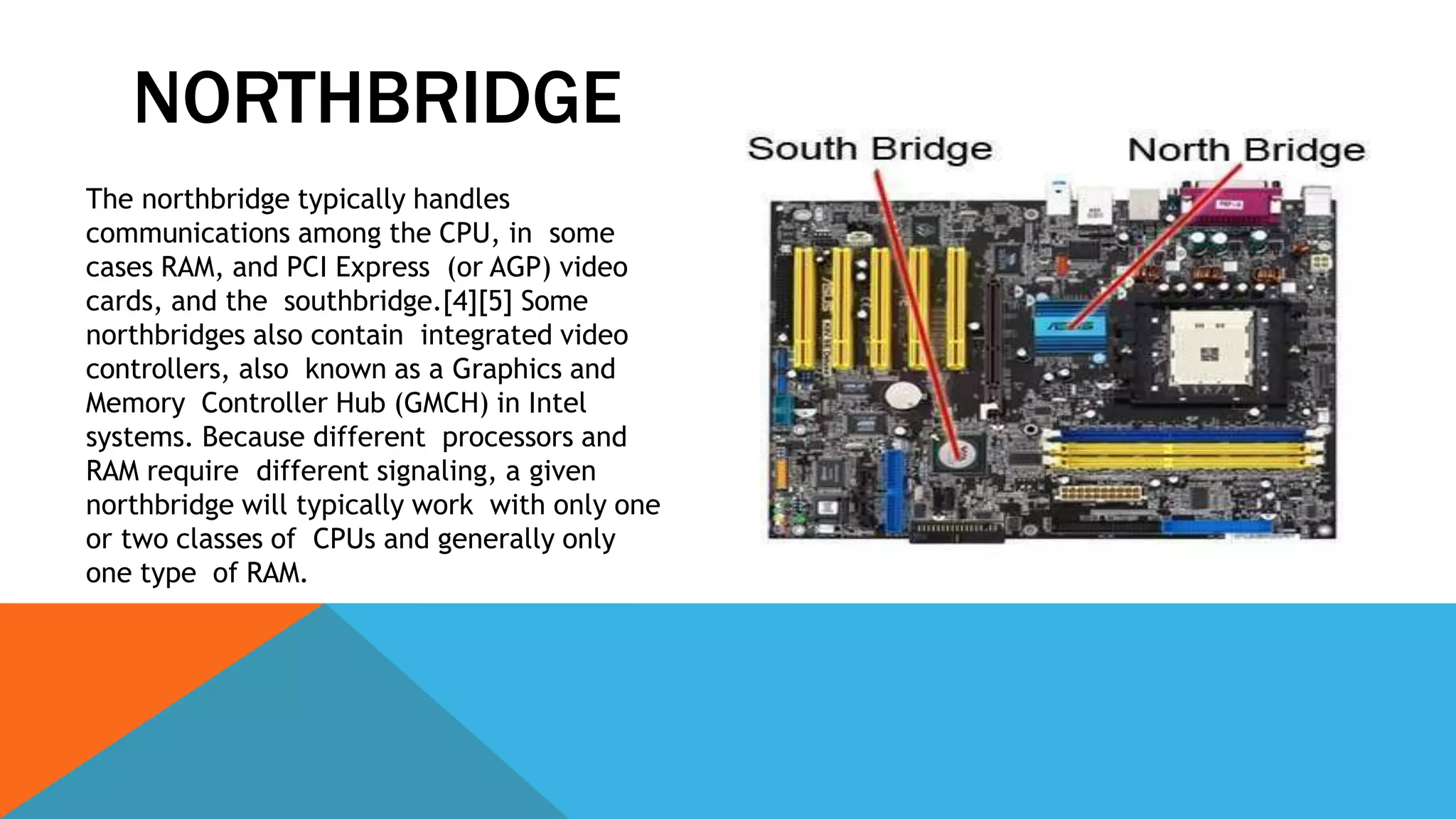 NORTHBRIDGE
The northbridge typically handles
communications among the CPU, in some
cases RAM, and PCI Express (or AGP) video
cards, and the southbridge.[4][5] Some
northbridges also contain integrated video
controllers, also known as a Graphics and
Memory Controller Hub (GMCH) in Intel
systems. Because different processors and
RAM require different signaling, a given
northbridge will typically work with only one
or two classes of CPUs and generally only
one type of RAM.
 