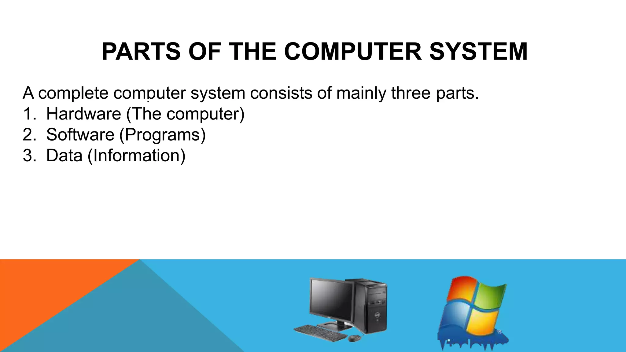 PARTS OF THE COMPUTER SYSTEM
A complete computer system consists of mainly three parts.
1. Hardware (The computer)
2. Software (Programs)
3. Data (Information)
 