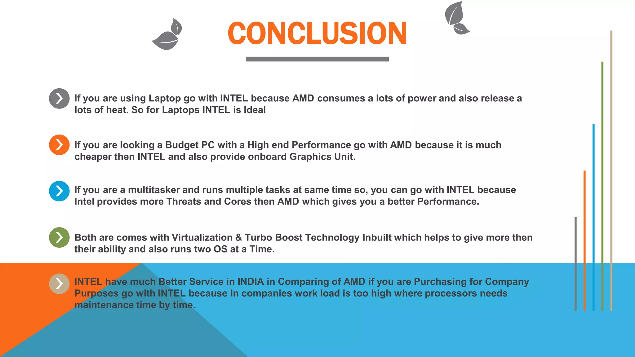 CONCLUSION
If you are using Laptop go with INTEL because AMD consumes a lots of power and also release a
lots of heat. So for Laptops INTEL is Ideal
If you are looking a Budget PC with a High end Performance go with AMD because it is much
cheaper then INTEL and also provide onboard Graphics Unit.
If you are a multitasker and runs multiple tasks at same time so, you can go with INTEL because
Intel provides more Threats and Cores then AMD which gives you a better Performance.
Both are comes with Virtualization & Turbo Boost Technology Inbuilt which helps to give more then
their ability and also runs two OS at a Time.
INTEL have much Better Service in INDIA in Comparing of AMD if you are Purchasing for Company
Purposes go with INTEL because In companies work load is too high where processors needs
maintenance time by time.
 
