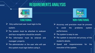 Requirements Analysis
 Only authorized user must login to the
system.
 The system must be attached to webcam
and face recognition should be smooth.
 The information must be entered and
managed properly.
 The administrator or the user who will use
this system must login before using it.
 Accuracy and precision must be process
to avoid the problems system
performance.
 The system is easy to use.
 The system is secured and privacy of the
student’s details.
 Speed and responsiveness for the
execution of the system.
Functional Non-functional
 