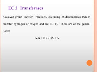EC 2. Transferases
Catalyze group transfer reactions, excluding oxidoreductases (which
transfer hydrogen or oxygen and are EC 1). These are of the general
form:
A-X + B ↔ BX + A
 