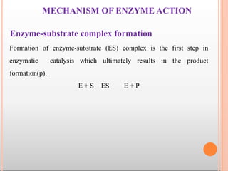 Enzyme-substrate complex formation
Formation of enzyme-substrate (ES) complex is the first step in
enzymatic catalysis which ultimately results in the product
formation(p).
E + S ES E + P
MECHANISM OF ENZYME ACTION
 