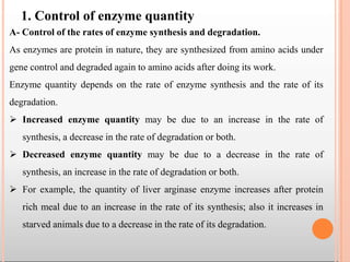 A- Control of the rates of enzyme synthesis and degradation.
As enzymes are protein in nature, they are synthesized from amino acids under
gene control and degraded again to amino acids after doing its work.
Enzyme quantity depends on the rate of enzyme synthesis and the rate of its
degradation.
 Increased enzyme quantity may be due to an increase in the rate of
synthesis, a decrease in the rate of degradation or both.
 Decreased enzyme quantity may be due to a decrease in the rate of
synthesis, an increase in the rate of degradation or both.
 For example, the quantity of liver arginase enzyme increases after protein
rich meal due to an increase in the rate of its synthesis; also it increases in
starved animals due to a decrease in the rate of its degradation.
1. Control of enzyme quantity
 