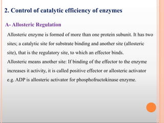 Allosteric enzyme is formed of more than one protein subunit. It has two
sites; a catalytic site for substrate binding and another site (allosteric
site), that is the regulatory site, to which an effector binds.
Allosteric means another site: If binding of the effector to the enzyme
increases it activity, it is called positive effector or allosteric activator
e.g. ADP is allosteric activator for phosphofructokinase enzyme.
2. Control of catalytic efficiency of enzymes
A- Allosteric Regulation
 