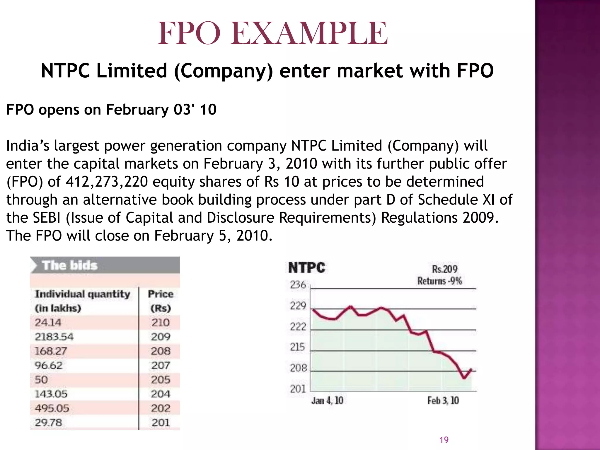 19
NTPC Limited (Company) enter market with FPO
FPO opens on February 03' 10
India’s largest power generation company NTPC Limited (Company) will
enter the capital markets on February 3, 2010 with its further public offer
(FPO) of 412,273,220 equity shares of Rs 10 at prices to be determined
through an alternative book building process under part D of Schedule XI of
the SEBI (Issue of Capital and Disclosure Requirements) Regulations 2009.
The FPO will close on February 5, 2010.
FPO EXAMPLE
 