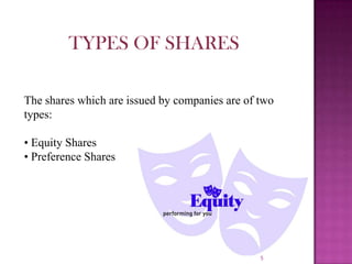 5
The shares which are issued by companies are of two
types:
• Equity Shares
• Preference Shares
TYPES OF SHARES
 