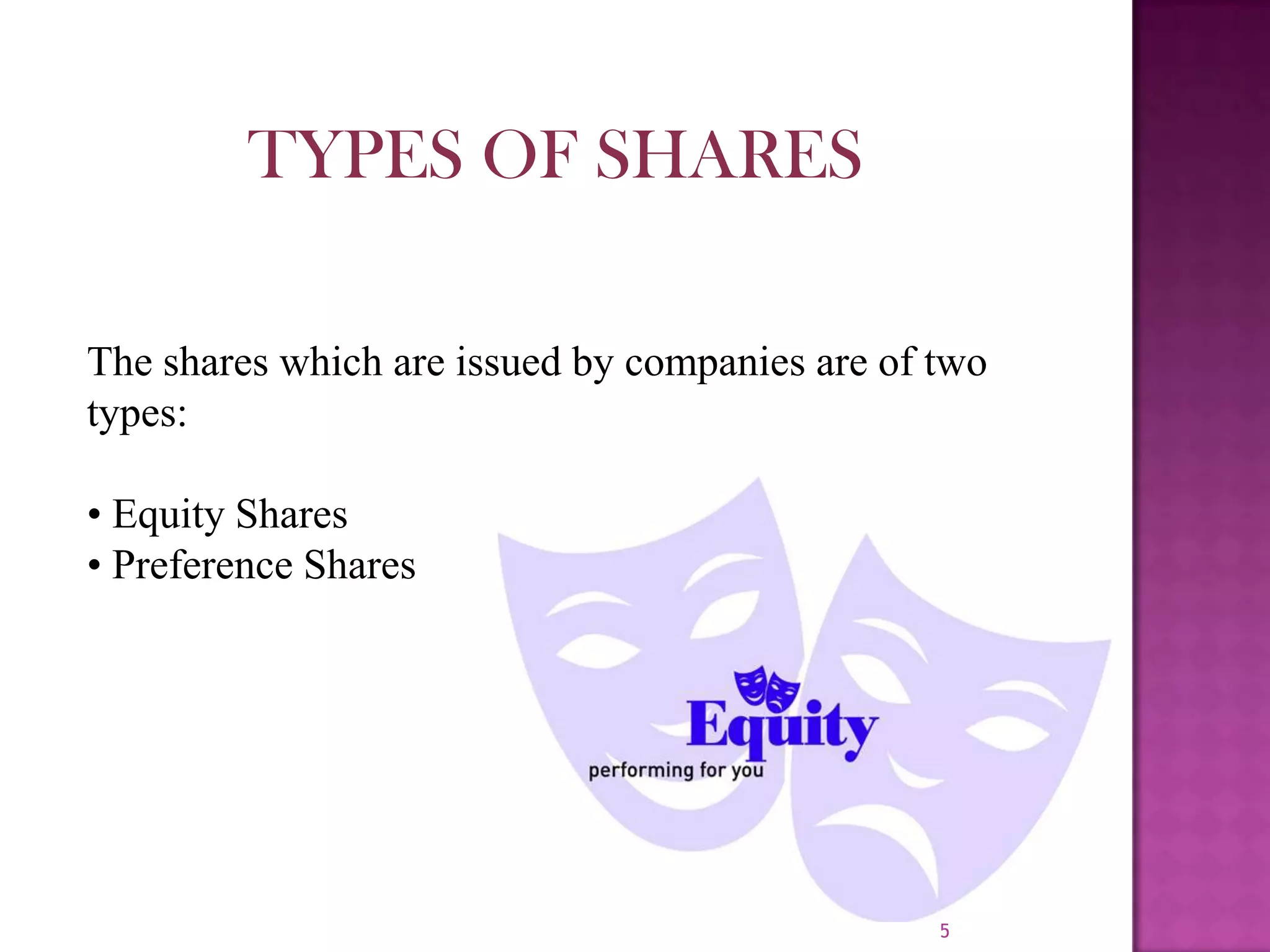 5TYPES OF SHARESThe shares which are issued by companies are of two types:• Equity Shares• Preference Shares