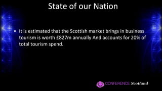 State of the Nation(Edinburgh)Edinburgh Convention Bureau secured £74.2M ahead of  a target of 73.9M in 2010For the 10th consecutive year, Edinburgh was voted the UK’s favourite city in the Guardian, Observer and guardian.co.uk Travel Awards50% of the conferences confirmed by ECB are worth in excess of £0.5 millionIn 2009-10 Edinburgh hosted 257 meetings attended by 58, 277 delegates