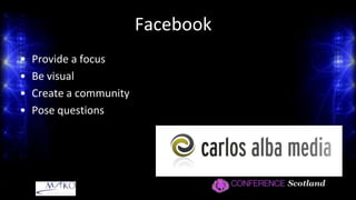 5 Top Tips	Will cover 5 top tips to promote your events using social mediaTo assist in increasing awareness, spread the word & deliver your goals