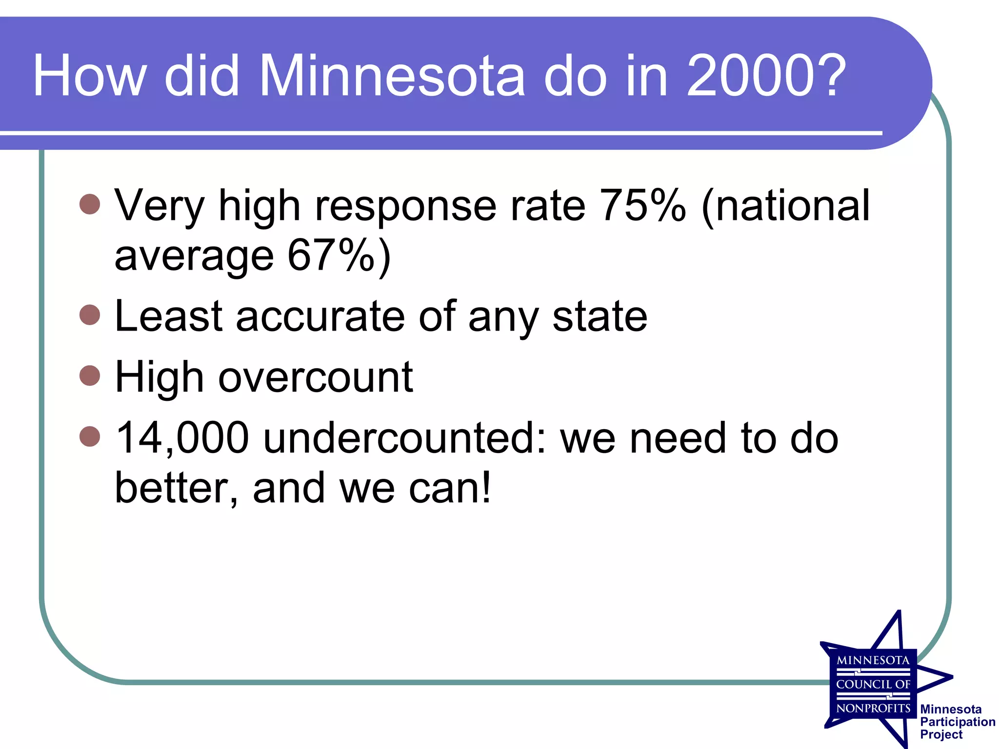 How did Minnesota do in 2000?

  Very high response rate 75% (national
   average 67%)
  Least accurate of any state
  High overcount
  14,000 undercounted: we need to do
   better, and we can!
 