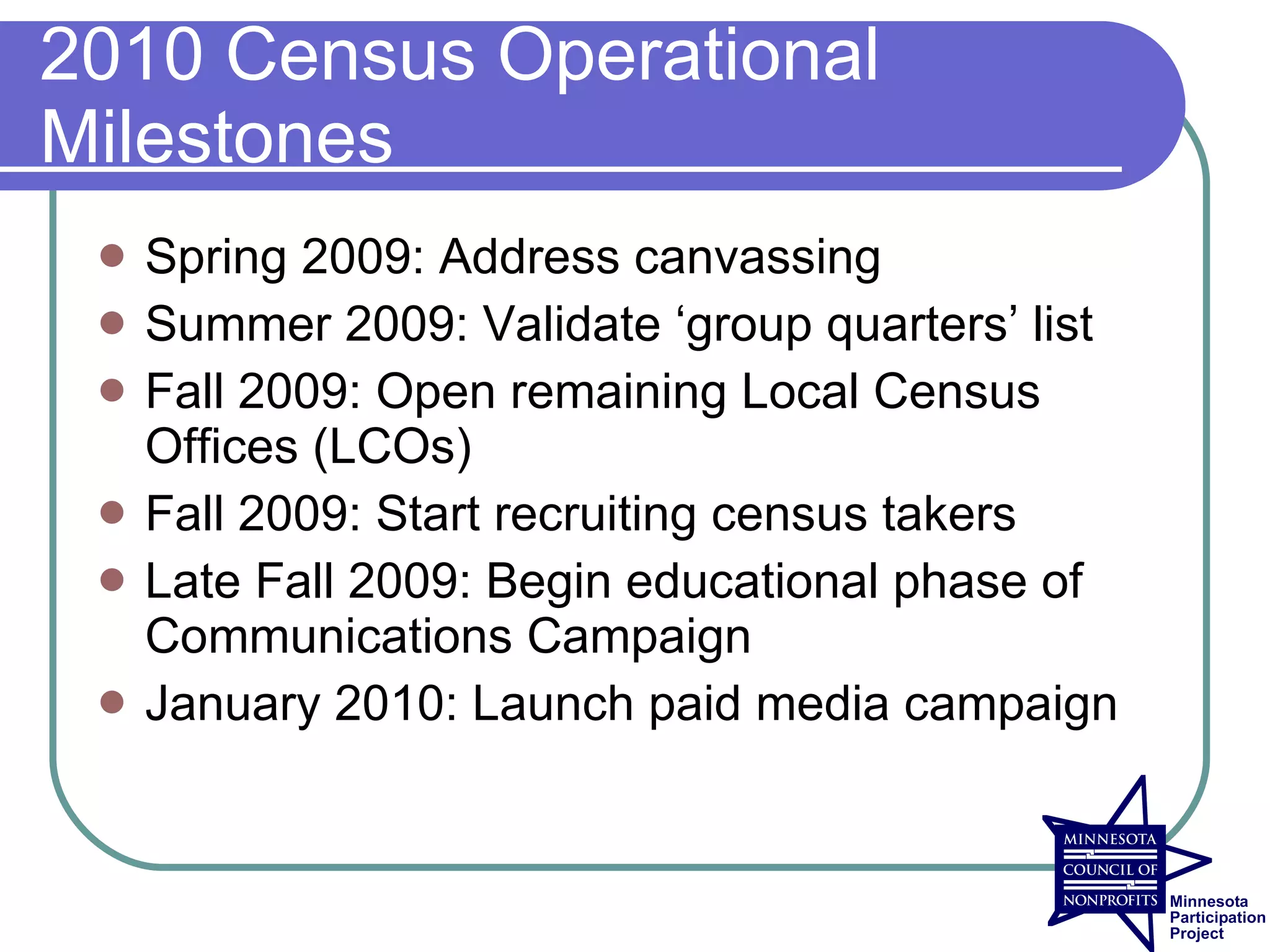 2010 Census Operational
Milestones
    Spring 2009: Address canvassing
    Summer 2009: Validate ‘group quarters’ list
    Fall 2009: Open remaining Local Census
     Offices (LCOs)
    Fall 2009: Start recruiting census takers
    Late Fall 2009: Begin educational phase of
     Communications Campaign
    January 2010: Launch paid media campaign
 