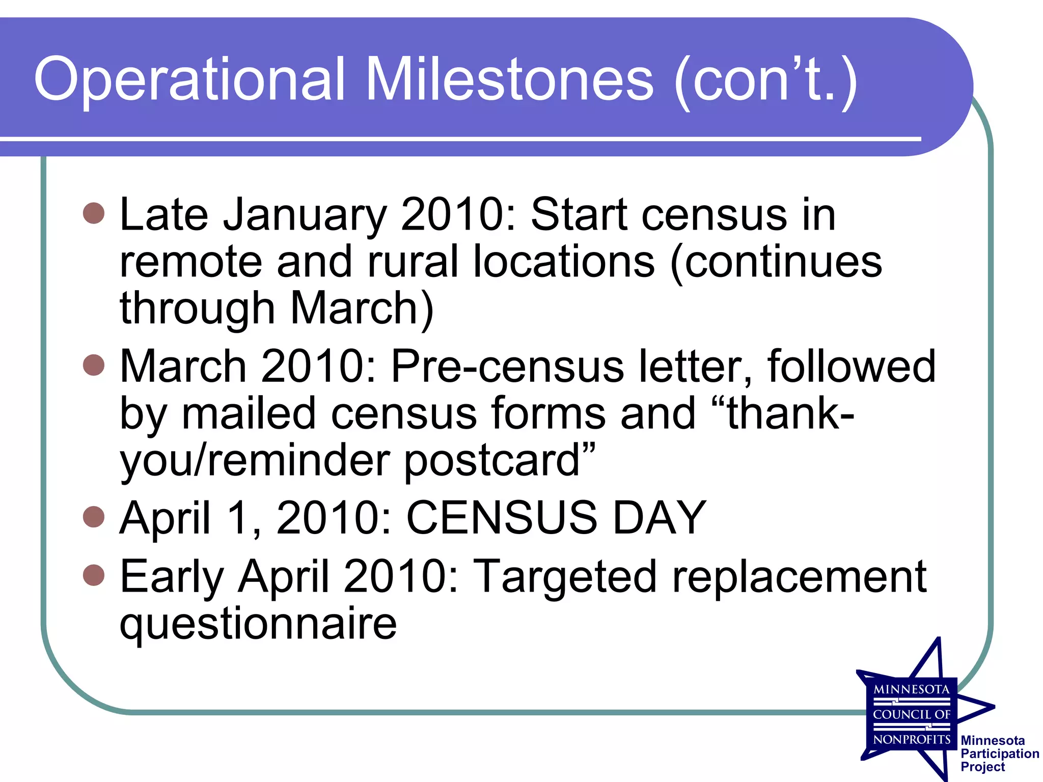 Operational Milestones (con’t.)

  Late January 2010: Start census in
   remote and rural locations (continues
   through March)
  March 2010: Pre-census letter, followed
   by mailed census forms and “thank-
   you/reminder postcard”
  April 1, 2010: CENSUS DAY
  Early April 2010: Targeted replacement
   questionnaire
 