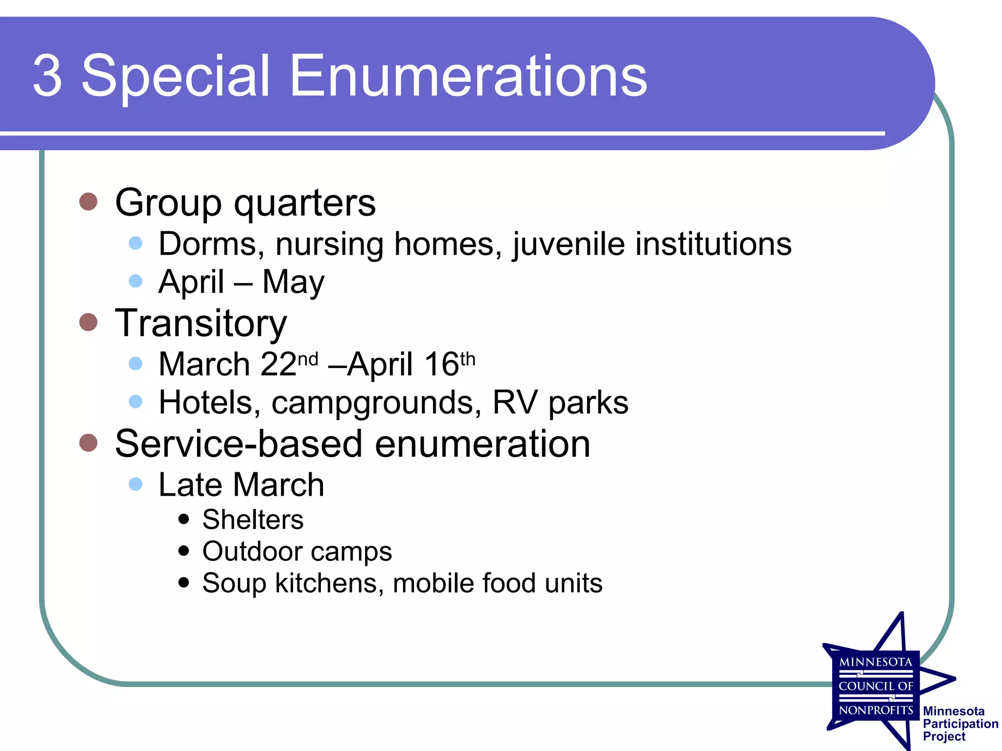 3 Special Enumerations

    Group quarters
        Dorms, nursing homes, juvenile institutions
        April – May
    Transitory
        March 22nd –April 16th
        Hotels, campgrounds, RV parks
    Service-based enumeration
        Late March
             Shelters
             Outdoor camps
             Soup kitchens, mobile food units
 