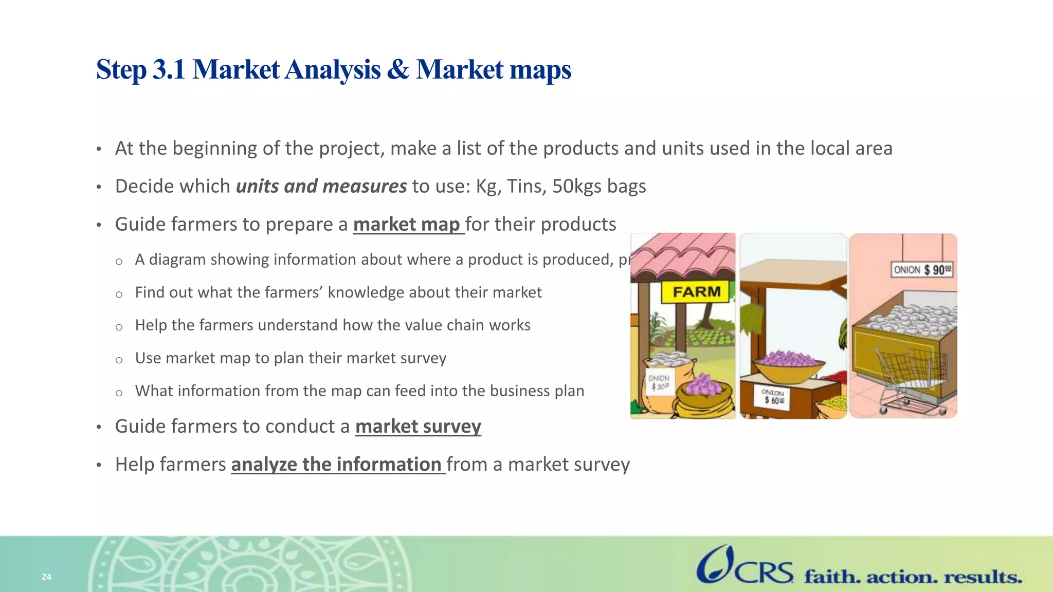 Step 3.1 MarketAnalysis & Market maps
• At the beginning of the project, make a list of the products and units used in the local area
• Decide which units and measures to use: Kg, Tins, 50kgs bags
• Guide farmers to prepare a market map for their products
o A diagram showing information about where a product is produced, processed and sold
o Find out what the farmers’ knowledge about their market
o Help the farmers understand how the value chain works
o Use market map to plan their market survey
o What information from the map can feed into the business plan
• Guide farmers to conduct a market survey
• Help farmers analyze the information from a market survey
24
 