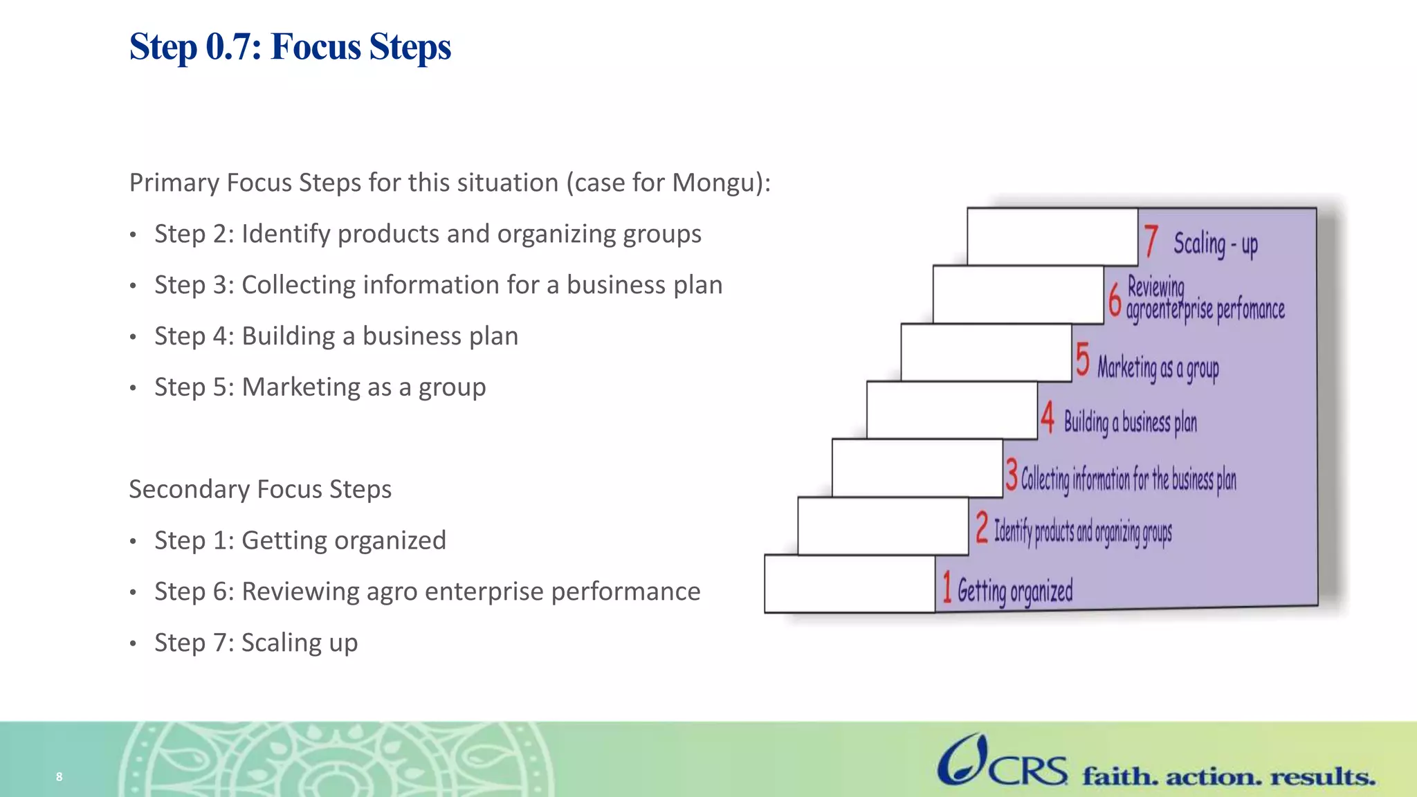 Step 0.7: Focus Steps
Primary Focus Steps for this situation (case for Mongu):
• Step 2: Identify products and organizing groups
• Step 3: Collecting information for a business plan
• Step 4: Building a business plan
• Step 5: Marketing as a group
Secondary Focus Steps
• Step 1: Getting organized
• Step 6: Reviewing agro enterprise performance
• Step 7: Scaling up
8
 