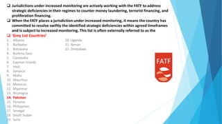  Jurisdictions under increased monitoring are actively working with the FATF to address
strategic deficiencies in their regimes to counter money laundering, terrorist financing, and
proliferation financing.
 When the FATF places a jurisdiction under increased monitoring, it means the country has
committed to resolve swiftly the identified strategic deficiencies within agreed timeframes
and is subject to increased monitoring. This list is often externally referred to as the
 ‘Grey List Countries’
1. Albania 20. Uganda
2. Barbados 21. Yeman
3. Botswana 22. Zimbabwe
4. Burkina Faso
5. Cambodia
6. Cayman Islands
7. Haiti
8. Jamaica
9. Malta
10. Mauritius
11. Morocco
12. Myanmar
13. Nicaragua
14. Pakistan
15. Panama
16. Philippines
17. Senegal
18. South Sudan
19. Syria
 