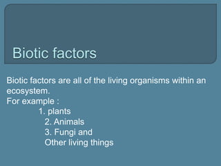 Biotic factors are all of the living organisms within an
ecosystem.
For example :
1. plants
2. Animals
3. Fungi and
Other living things
 