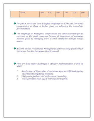 Total                100     100      100      100      100      100




For junior executives there is higher weightage on KPAs and functional
competencies as there is higher focus on achieving the immediate
functional task.

The weightage on Managerial competencies and values increases for an
executive as the grade increases because of importance of achieving
business goals by managing work of other employees through ethical
means.


At NTPC Online Performance Management System is being practiced for
Executives. For Non Executives it is still manual.




Thre are three major challenges in effective implementation of PMS at
NTPC

1.     Involvement of big number of executives (approx 1200) in designing
       of KPAs and Competency Directory.
2.     Skill gap in feedback and performance counseling.
3.     Transformation from legacy to transparent system.
 