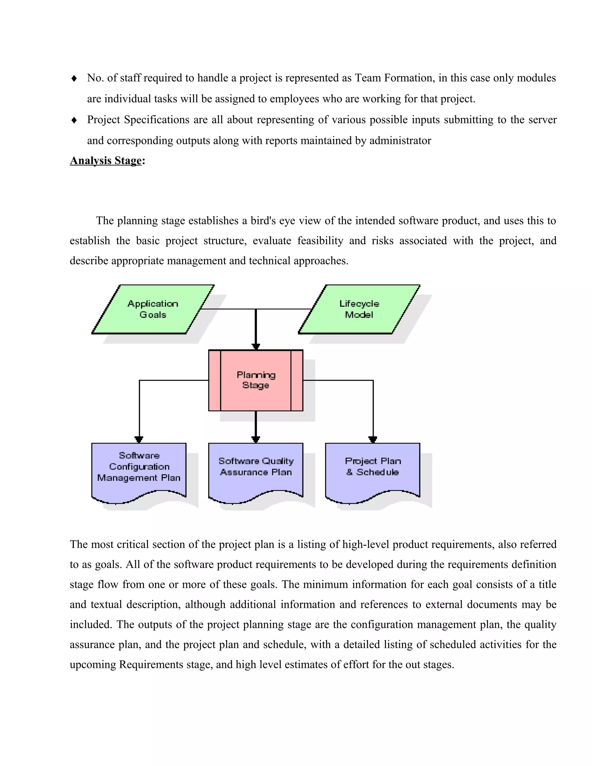 ♦ No. of staff required to handle a project is represented as Team Formation, in this case only modules
are individual tasks will be assigned to employees who are working for that project.
♦ Project Specifications are all about representing of various possible inputs submitting to the server
and corresponding outputs along with reports maintained by administrator
Analysis Stage:

The planning stage establishes a bird's eye view of the intended software product, and uses this to
establish the basic project structure, evaluate feasibility and risks associated with the project, and
describe appropriate management and technical approaches.

The most critical section of the project plan is a listing of high-level product requirements, also referred
to as goals. All of the software product requirements to be developed during the requirements definition
stage flow from one or more of these goals. The minimum information for each goal consists of a title
and textual description, although additional information and references to external documents may be
included. The outputs of the project planning stage are the configuration management plan, the quality
assurance plan, and the project plan and schedule, with a detailed listing of scheduled activities for the
upcoming Requirements stage, and high level estimates of effort for the out stages.

 