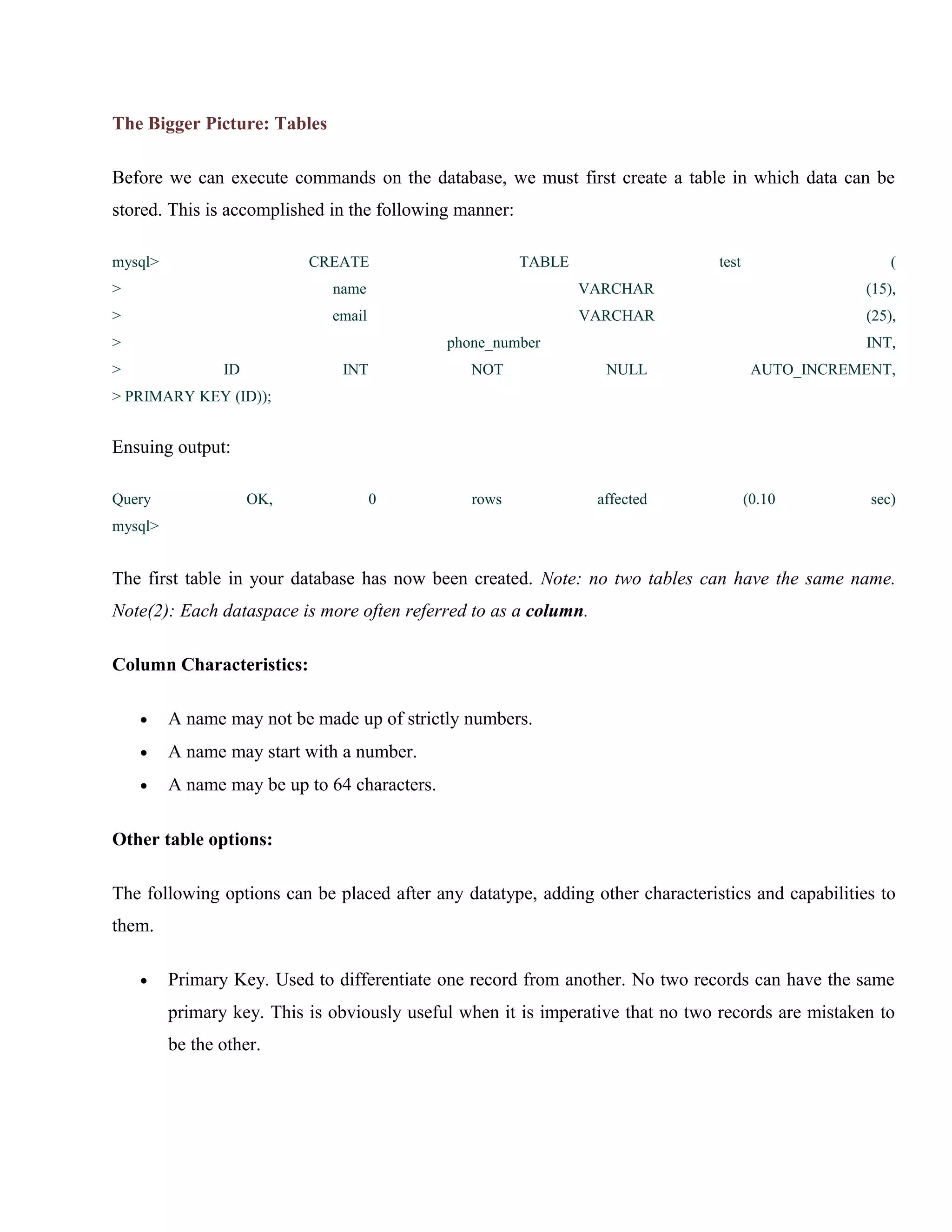 The Bigger Picture: Tables
Before we can execute commands on the database, we must first create a table in which data can be
stored. This is accomplished in the following manner:
mysql>

CREATE

TABLE

test

(

>

name

VARCHAR

(15),

>

email

VARCHAR

(25),

>

phone_number

>

ID

INT

INT,

NOT

NULL

rows

affected

AUTO_INCREMENT,

> PRIMARY KEY (ID));

Ensuing output:
Query

OK,

0

(0.10

sec)

mysql>

The first table in your database has now been created. Note: no two tables can have the same name.
Note(2): Each dataspace is more often referred to as a column.
Column Characteristics:
•

A name may not be made up of strictly numbers.

•

A name may start with a number.

•

A name may be up to 64 characters.

Other table options:
The following options can be placed after any datatype, adding other characteristics and capabilities to
them.
•

Primary Key. Used to differentiate one record from another. No two records can have the same
primary key. This is obviously useful when it is imperative that no two records are mistaken to
be the other.

 