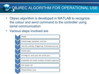 OBJREC ALGORITHM FOR OPERATIONAL USE
• Objrec algorithm is developed in MATLAB to recognize
the colour and send command to the controller using
serial communication
• Various steps involved are
 