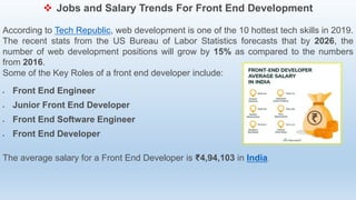  Jobs and Salary Trends For Front End Development
According to Tech Republic, web development is one of the 10 hottest tech skills in 2019.
The recent stats from the US Bureau of Labor Statistics forecasts that by 2026, the
number of web development positions will grow by 15% as compared to the numbers
from 2016.
Some of the Key Roles of a front end developer include:
 Front End Engineer
 Junior Front End Developer
 Front End Software Engineer
 Front End Developer
The average salary for a Front End Developer is ₹4,94,103 in India.
 