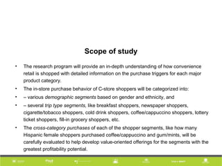 Scope of study
• The research program will provide an in-depth understanding of how convenience
retail is shopped with detailed information on the purchase triggers for each major
product category.
• The in-store purchase behavior of C-store shoppers will be categorized into:
• – various demographic segments based on gender and ethnicity, and
• – several trip type segments, like breakfast shoppers, newspaper shoppers,
cigarette/tobacco shoppers, cold drink shoppers, coffee/cappuccino shoppers, lottery
ticket shoppers, fill-in grocery shoppers, etc.
• The cross-category purchases of each of the shopper segments, like how many
Hispanic female shoppers purchased coffee/cappuccino and gum/mints, will be
carefully evaluated to help develop value-oriented offerings for the segments with the
greatest profitability potential.
 