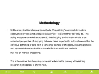 Methodology
• Unlike many traditional research methods, VideoMining’s approach to in-store
observation reveals what shoppers actually do —not what they say they do. This
ability to capture unaided responses to the shopping environment results in an
untainted perspective of shopping behavior. Most importantly, automation enables the
objective gathering of data from a very large sample of shoppers, delivering reliable
and representative data that is not available from traditional methods
that rely on manual processing.
• The schematic of the three-step process involved in the primary VideoMining
research methodology is shown next.
 