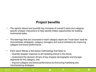 Project benefits
• The reports dissect and quantify key moments of overall C-store and category-
specific shopper interactions to help identify hidden opportunities for building
incremental sales.
• The learnings that are uncovered in each category report are “must have” tools for
channel/sales strategists, category managers and brand marketers for improving
category and brand performance.
• Each report follows a fact-based methodology that helps to:
– Quantify shopper response to all marketing stimuli in the stores,
– Understand the decision drivers of key shopper demographic and trip type
segments for the category, and
– Improve category and brand performance by fine-tuning marketing and
merchandising strategies.
 