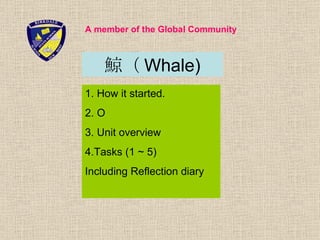 A member of the Global Community



    鯨（ Whale)
1. How it started.
2. O
3. Unit overview
4.Tasks (1 ~ 5)
Including Reflection diary
 