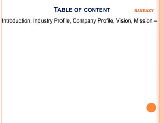 TABLE OF CONTENT
Introduction, Industry Profile, Company Profile, Vision, Mission –
 
