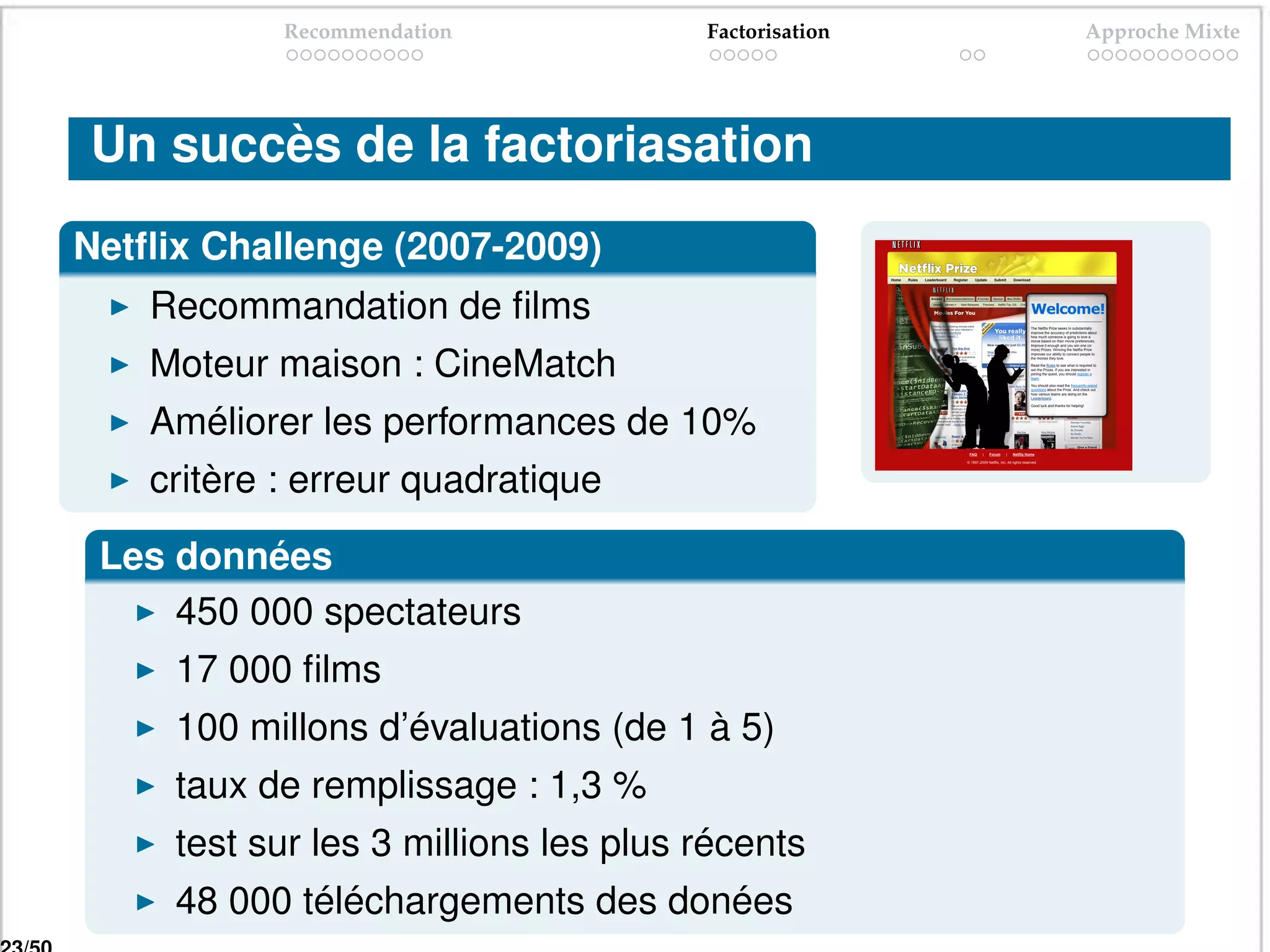 Recommendation            Factorisation   Approche Mixte




Un succès de la factoriasation
Netﬂix Challenge (2007-2009)
    Recommandation de ﬁlms
    Moteur maison : CineMatch
    Améliorer les performances de 10%
    critère : erreur quadratique

 Les données
     450 000 spectateurs
     17 000 ﬁlms
     100 millons d’évaluations (de 1 à 5)
     taux de remplissage : 1,3 %
     test sur les 3 millions les plus récents
     48 000 téléchargements des donées
 