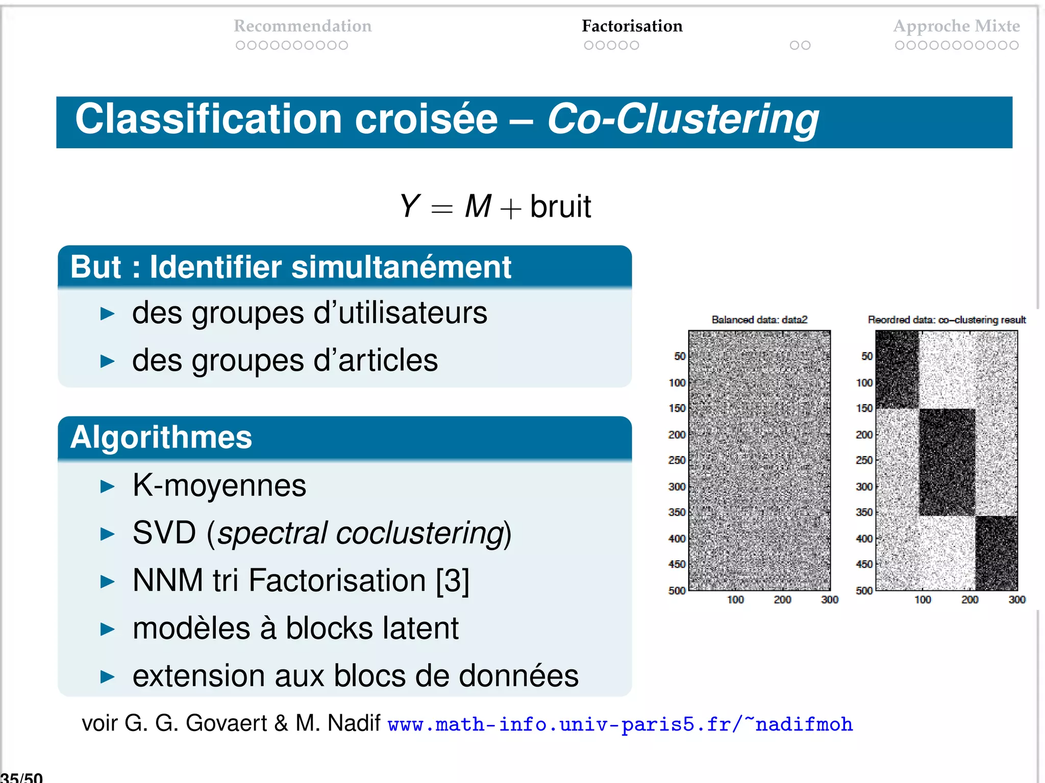 Recommendation                 Factorisation              Approche Mixte




Classiﬁcation croisée – Co-Clustering

                              Y = M + bruit
But : Identiﬁer simultanément
    des groupes d’utilisateurs
    des groupes d’articles

Algorithmes
    K-moyennes
    SVD (spectral coclustering)
    NNM tri Factorisation [3]
    modèles à blocks latent
    extension aux blocs de données
voir G. G. Govaert & M. Nadif www.math-info.univ-paris5.fr/~nadifmoh
 