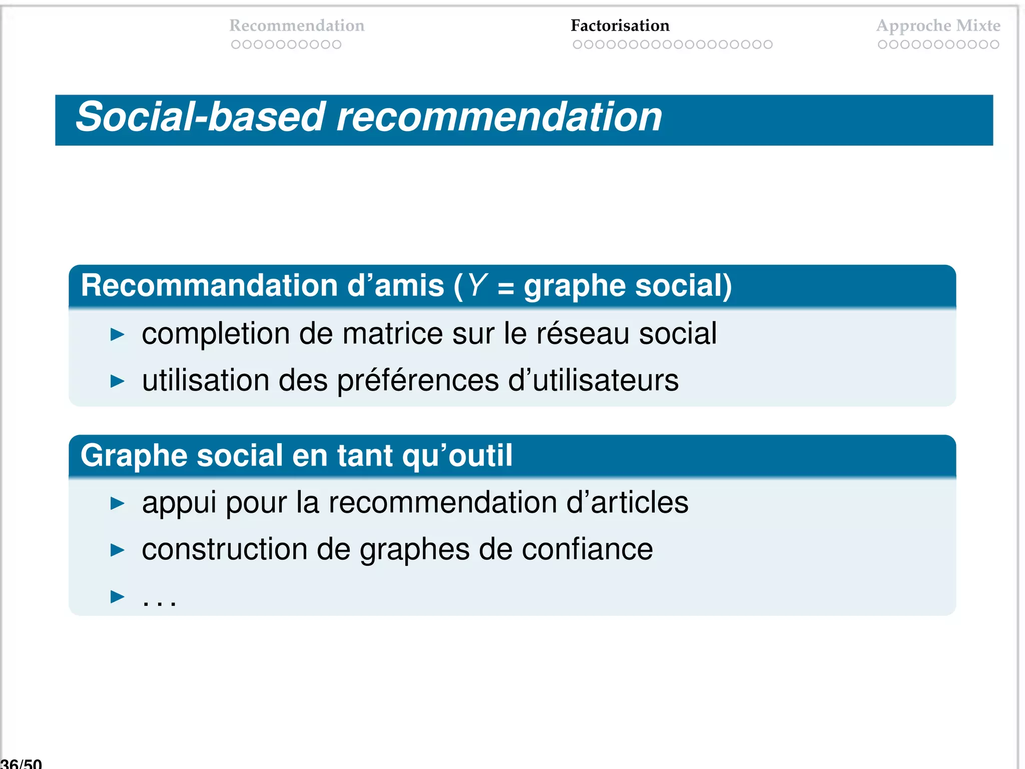Recommendation             Factorisation   Approche Mixte




Social-based recommendation



Recommandation d’amis (Y = graphe social)
    completion de matrice sur le réseau social
    utilisation des préférences d’utilisateurs

Graphe social en tant qu’outil
    appui pour la recommendation d’articles
    construction de graphes de conﬁance
    ...
 
